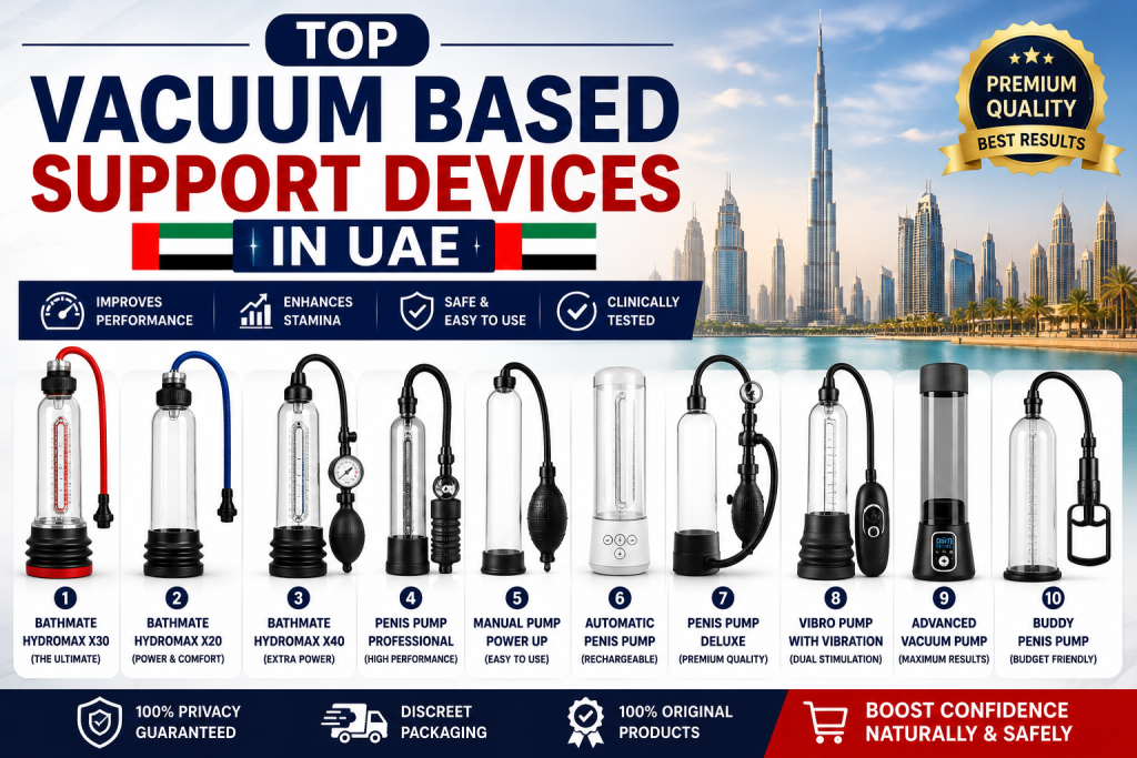 Image ALT Text: Top vacuum based support devices in UAE featuring advanced men enhancement pumps and Dubai skyline