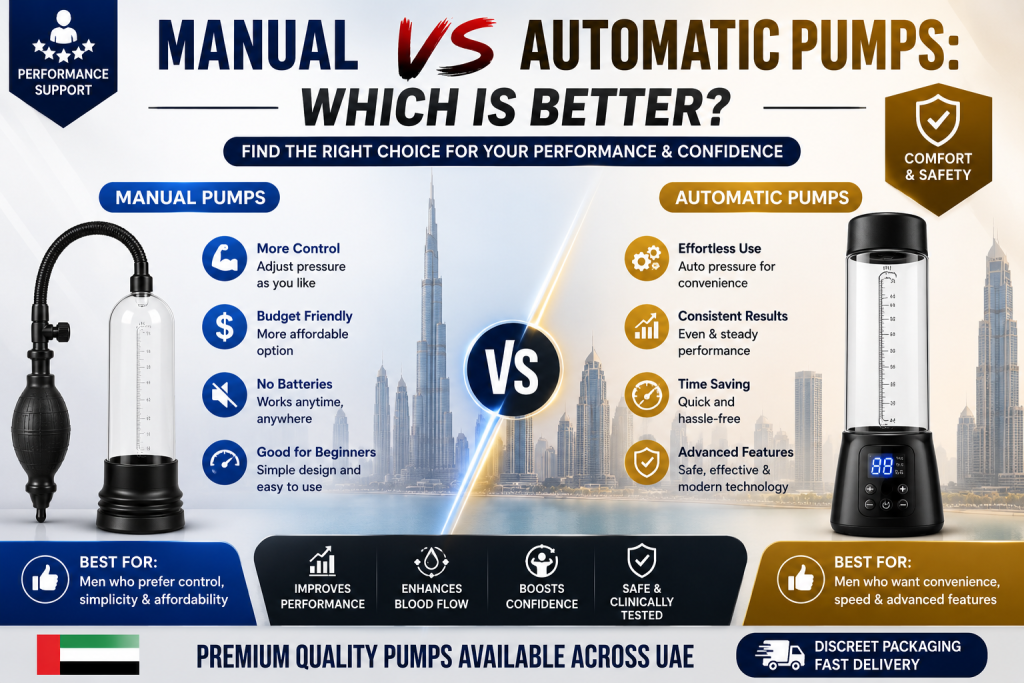Manual vs automatic pumps comparison image featuring modern enhancement devices in UAE